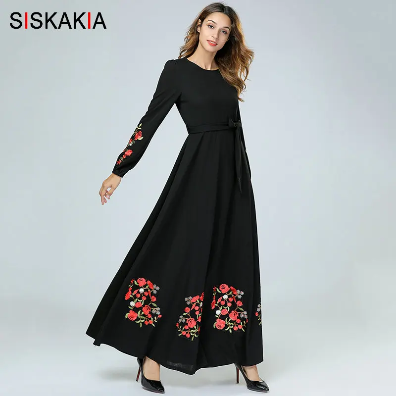 Siskakia, Черное длинное платье, элегантное, с цветочной вышивкой, мусульманские платья, круглый вырез, длинный рукав, свинг, Арабская одежда, осень, новинка