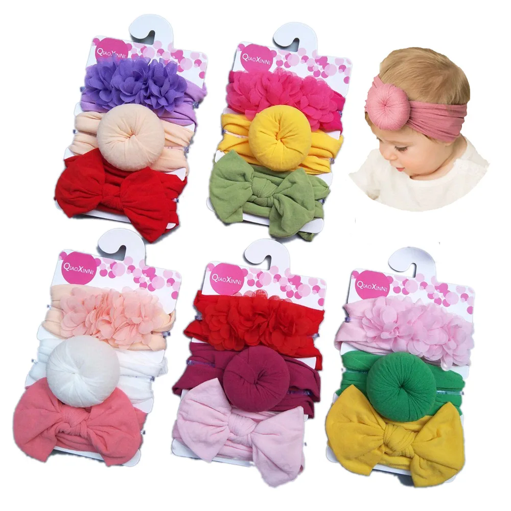 

Baby Hair Band Children's Nylon Bow Lace Headband Three-piece Suit Baby Stretch Hair Accessories 3pcs/lot