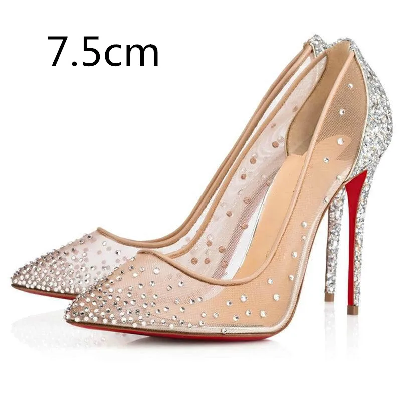 Летние классические женские модные туфли с заостренным носком, со стразами из сетчатого материала дышащие туфли на высоком каблуке с красной подошвой - Цвет: Apricot7.5cm