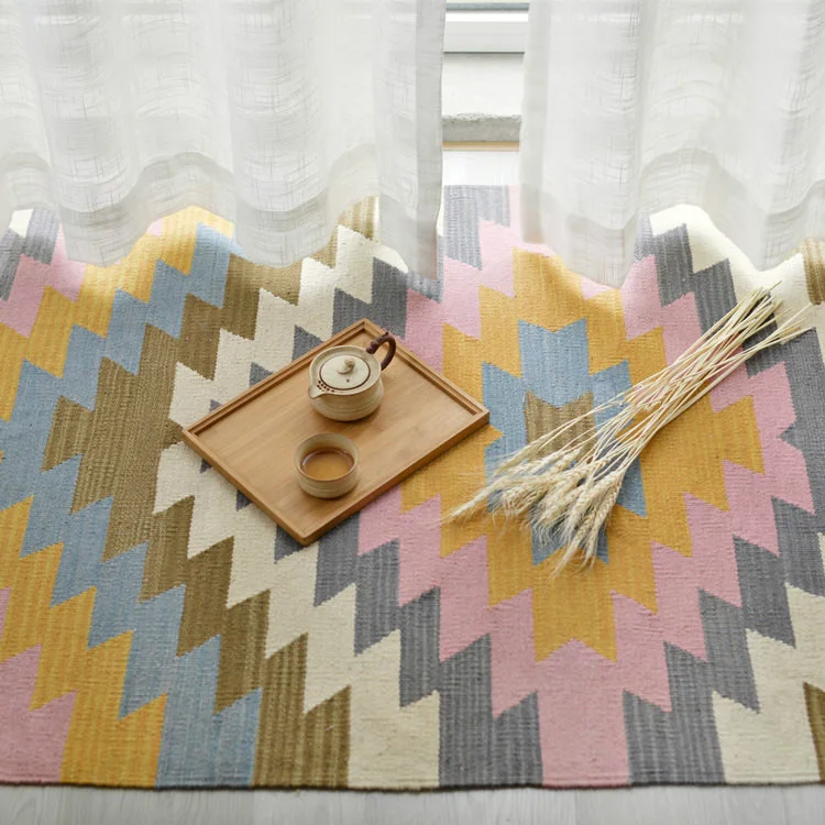 

Kilim 100% wool handmade Carpet geometric Indian Rug plaid striped Modern contemporary tapestry mat design Bohemian Nordic style