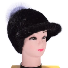 Роскошные женские вязаные шапки с козырьком из натурального меха норки с помпоном из лисьего меха женские зимние теплые шапки VF7033