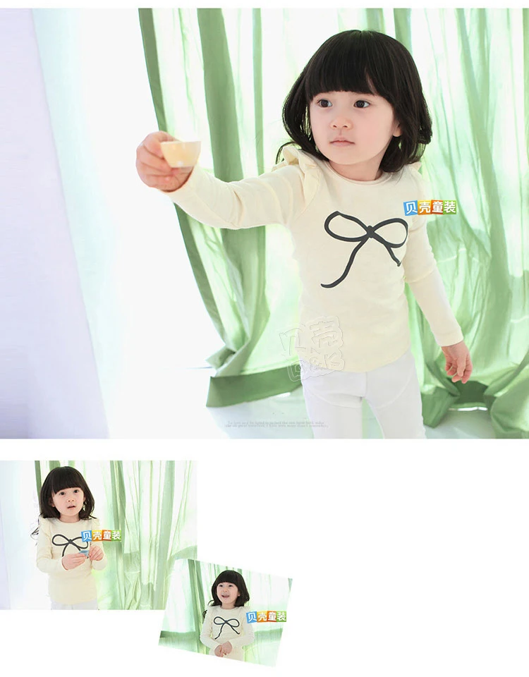 Весенне-осенняя одежда с бантом для девочек; футболка с длинными рукавами; детская одежда с бантом в Корейском стиле для девочек