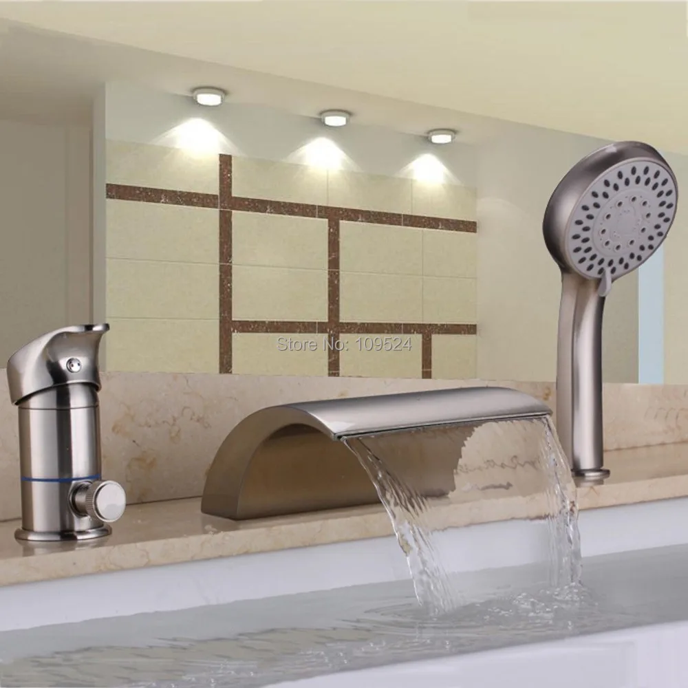 Brushed Nickel Waterfall Bathroom Bath Roman Tub Filler Faucet W