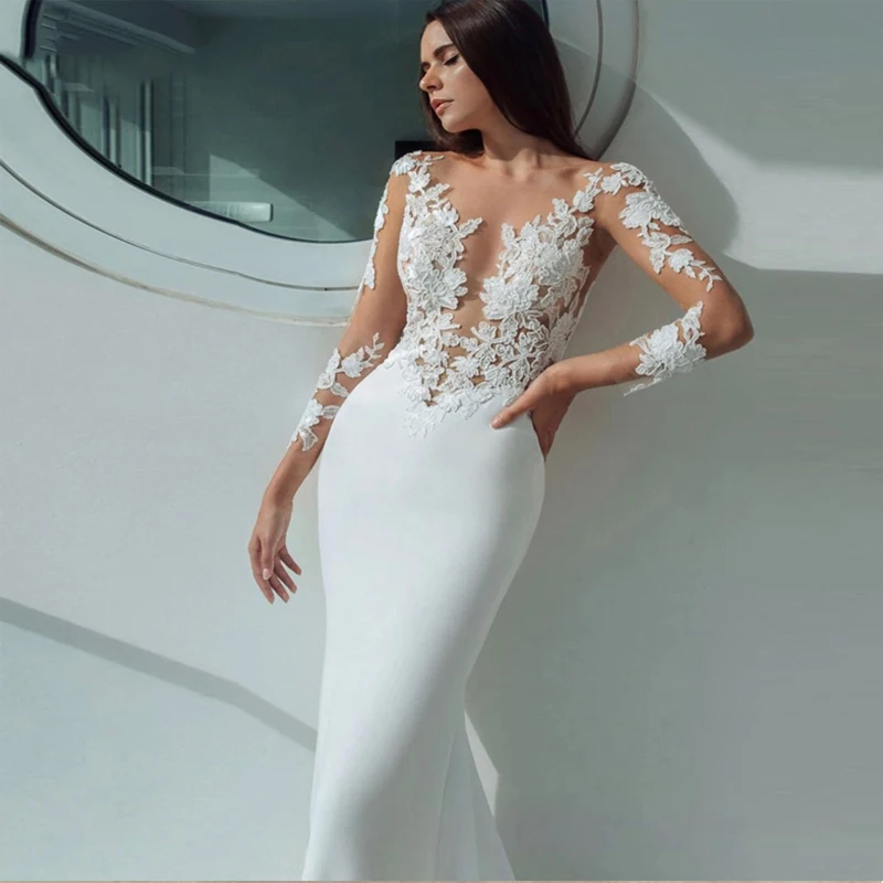 US $95.47 Elegant Ivory Wedding Dresses 2021 Sexy Illusion Scoop Neck Lace Appliques Long Sleeve Stain Bridal Gown Vestido De Noiva