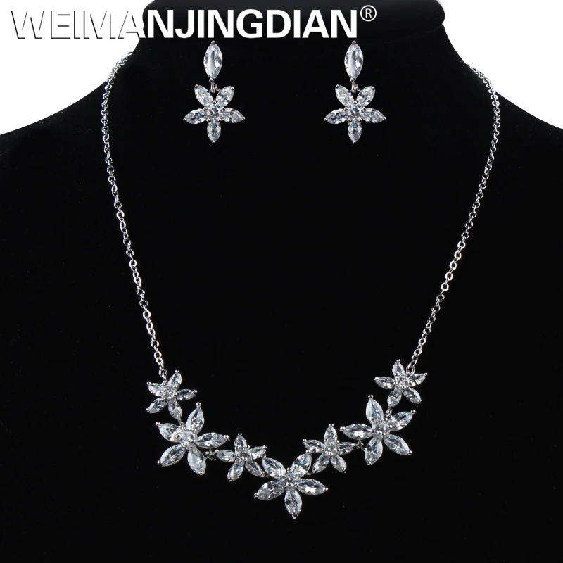 

WEIMANJINGDIAN Brand Flower Shape Cubic Zirconia Crystal Necklace and Earring Bridal Jewelry Set in Silver Color Plated