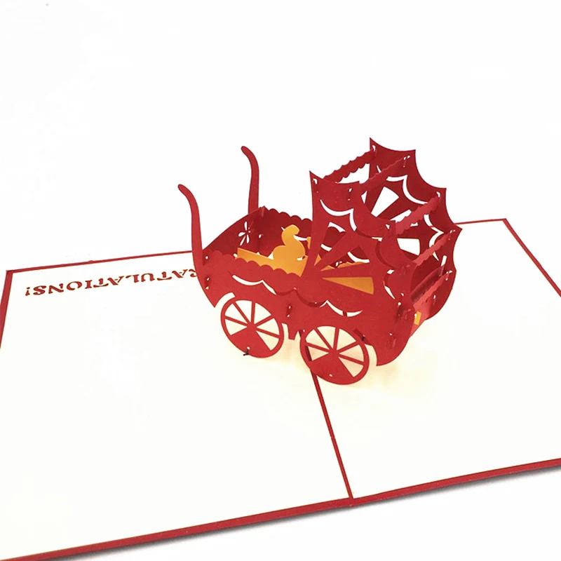 1pcs Laser Cut baby Stroller 3D Pop Up Greeting Cards With Envelope Postcard Invitation Kids Newborn Baby Shower Party Supplies