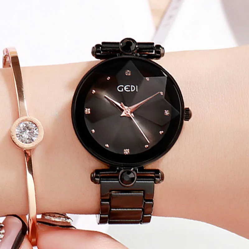 GEDI Rosegold Quartz Women's Watches Top Brand Luxury Ladies Clock Fashion Women Watch Simple Female Wristwatch reloj mujer New - Цвет: Black watch