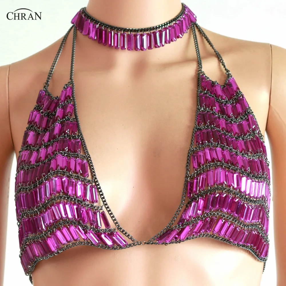 Chran Crystal Gem Bead Crop Top Chainmail Bra Halter Choker Necklace Burning Man Body Lingerie Festival Outfit Jewelry CRS508 black crochet halter self tie crop top