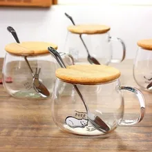 Милая кошка стеклянная кружка, чашка+ крышка+ ложка высокая кружка из боросиликатного стекла бамбуковая ложка крышка прозрачная Цветочная чайная чашка посуда для питья