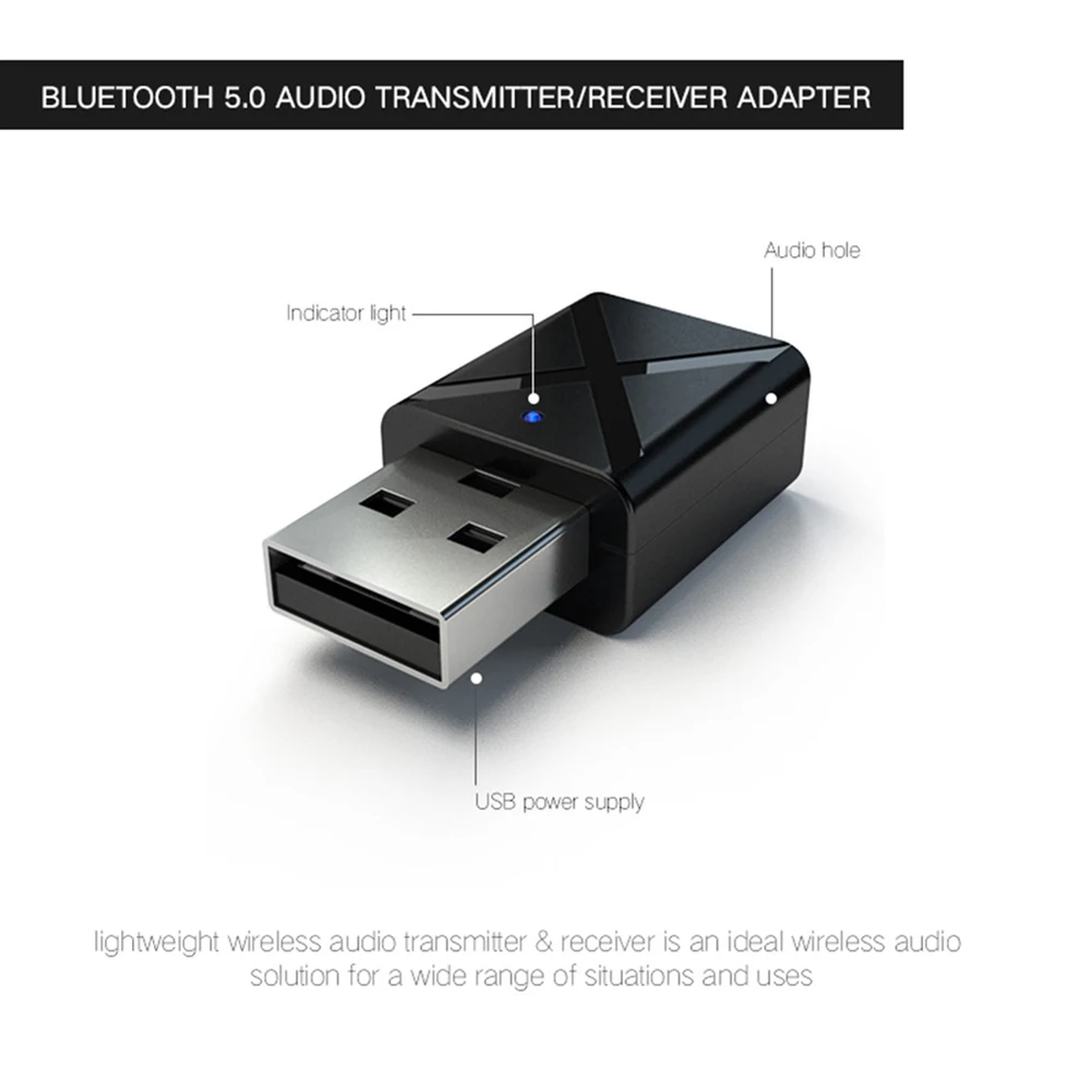 2 in 1 USB Bluetooth 5.0 Transmitter Receiver AUX Audio Adapter for TV/PC/Car 2 in 1 USB Bluetooth 5.0 Transmitter Receiver AUX Audio Adapter for TV/PC/Car