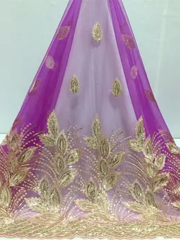 

Latest wholesale French Nigerian lace fabric high quality purple gold embroidery sequins African lace wedding French chiffon