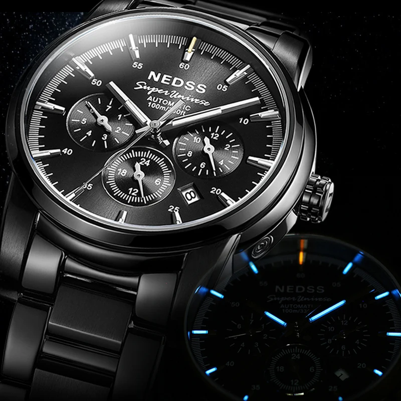 

luxury Nedss mens watch Swiss tritium Automatic Watch Chronograph Luminous 100M waterproof Mechanical Wristwatch reloj hombre