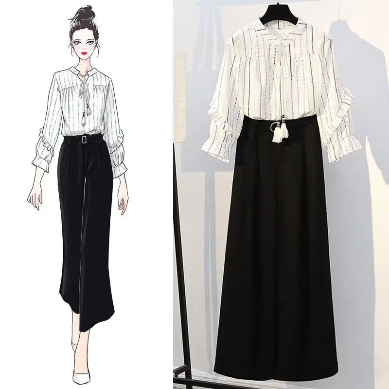 

2019 Spring Autumn Women Sweet Ruffles Tassel Tie Striped Shirt+ High Waist Solid Loose Pants Suit Female Thin Elegant Sets Y59