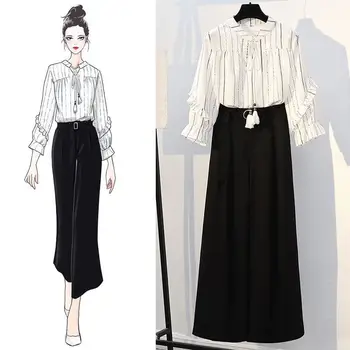 

2019 Spring Autumn Women Sweet Ruffles Tassel Tie Striped Shirt+ High Waist Solid Loose Pants Suit Female Thin Elegant Sets Y59