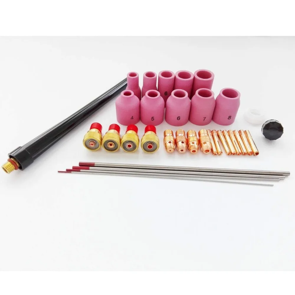 

33PCS TIG Consumables Kit Collet Cup Tungsten Cap WT20 0.04 " 1/16" 3/32" 1/8" for TIG Welding Torch 9 20 25 Series