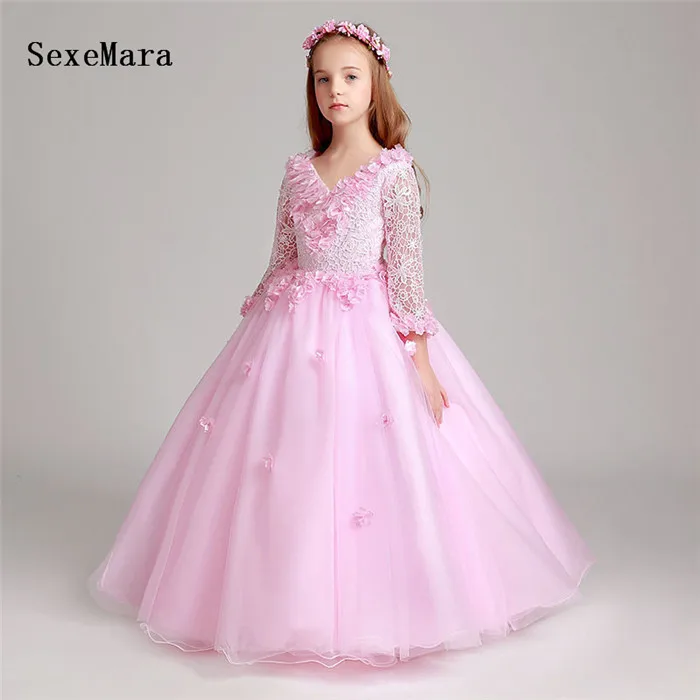 

New Pink Lace Flower Girl Dress for Wedding 3D Flowers Little Girls Graduation Gown Communion Dress Girls Christmas Dress