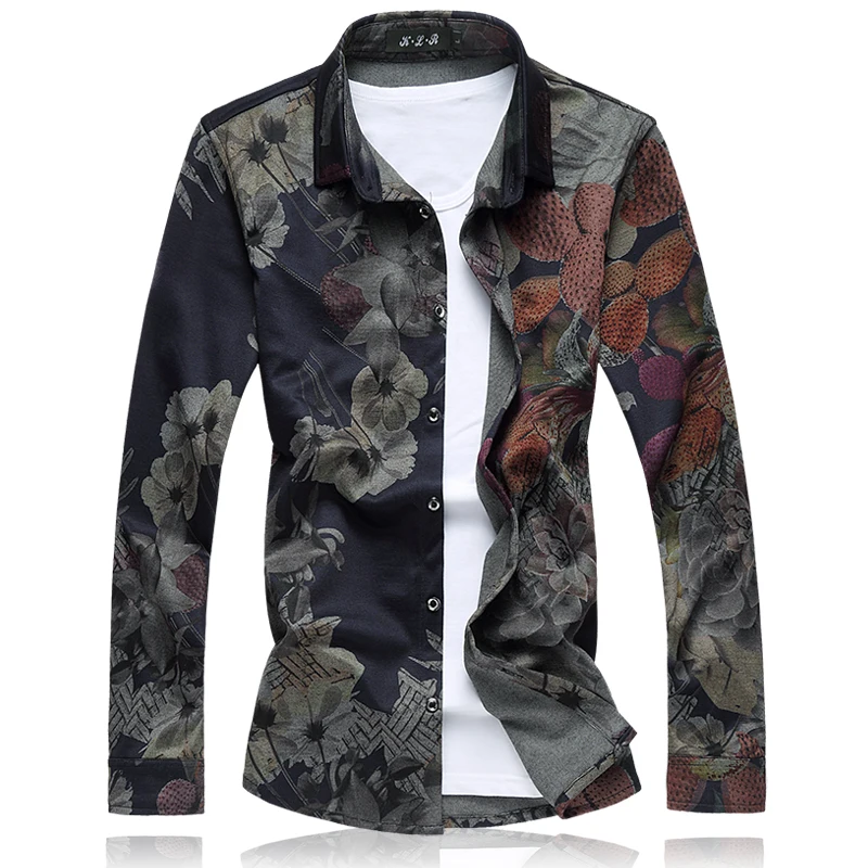 Brands Men Long-Sleeved Flower Shirt Large Size S-7XL Fashion Casual Male Cotton and Polyester Fabric Camisa | Мужская одежда