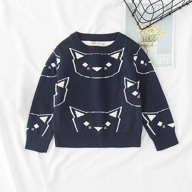 

Spring Autumn baby pullover boys knitwear kids sweater children fashion clothes white cat jacquard dobby 1 to 6 yrs