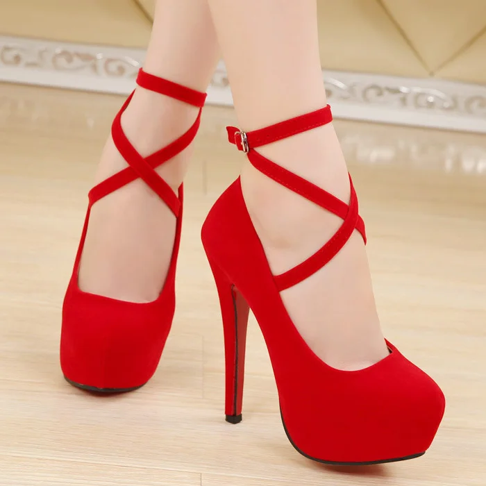 Женская обувь на высоком каблуке; туфли-лодочки на платформе; женские туфли на высоком каблуке с ремешком на щиколотке; свадебные женские вечерние туфли из флока; - Цвет: Red