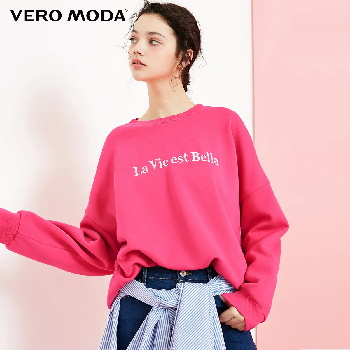 Vero Moda свитшот Женская Ins стиль круглый вырез с заниженным плечом Досуг свободная толстовка с капюшоном | 318433511 - Цвет: Fuchsia purple
