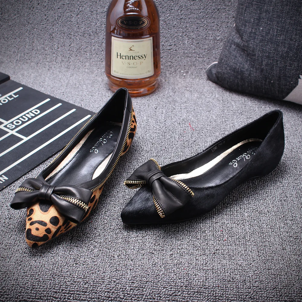 

2018 spring and summer new flat bottom women's shoes horse hair pointed leopard single shoes shallow mouth bow tide shoes.