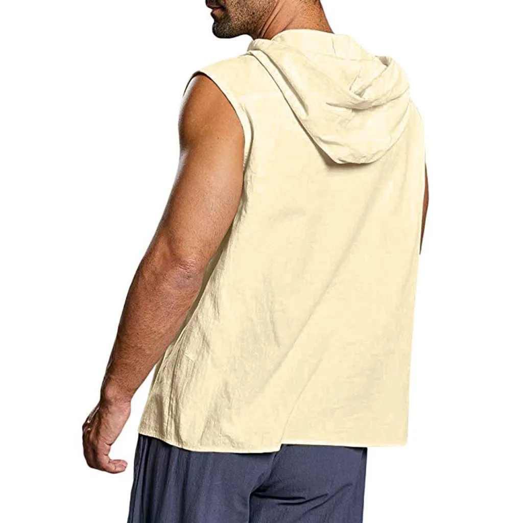 Mens Cotton Linen Shirts Solid Button Beach Sleeveless Hooded Tank Tops Blouse