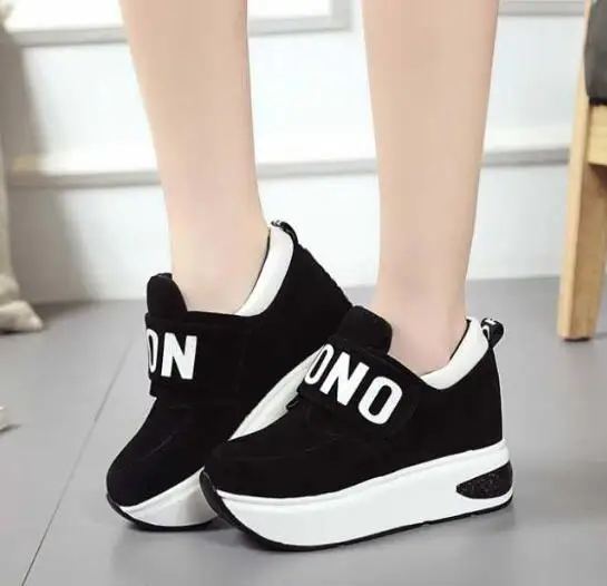 New Breathable Platform shoes Invisible heightening women's Travel shoes wedges casual sneakers Rocking shoes high heel shoes - Цвет: black