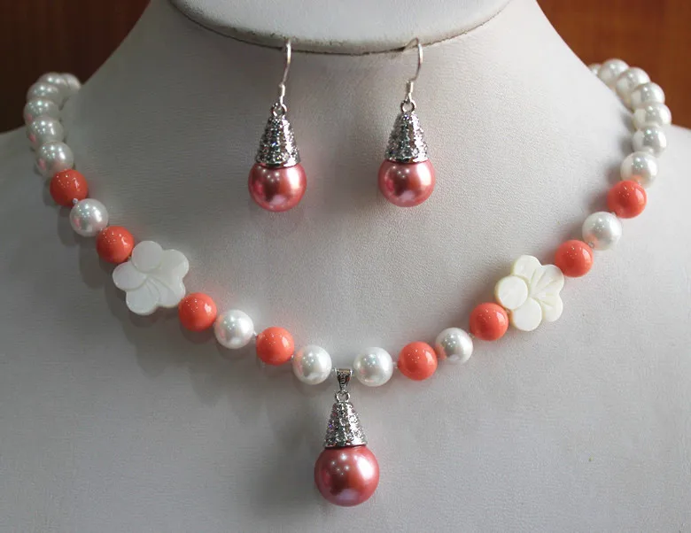 

Wholesale 8mm noble design shell pearl necklace +14mm pink pearl hook earring and pendant jewelry set 5.31