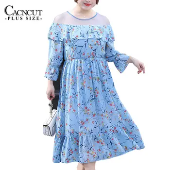 

CACNCUT 2019 New Elegant Plus Size Summer Women Dress Chiffon Floral Print Big Sizes Dresses Mesh Patchwork Causal Women Dress