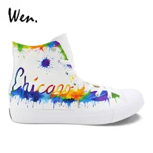 Вэнь/Мужская и Женская Вулканизированная обувь; дизайн Chicago City Skyline; ручная роспись; парусиновая обувь; Белая обувь на платформе с высоким берцем