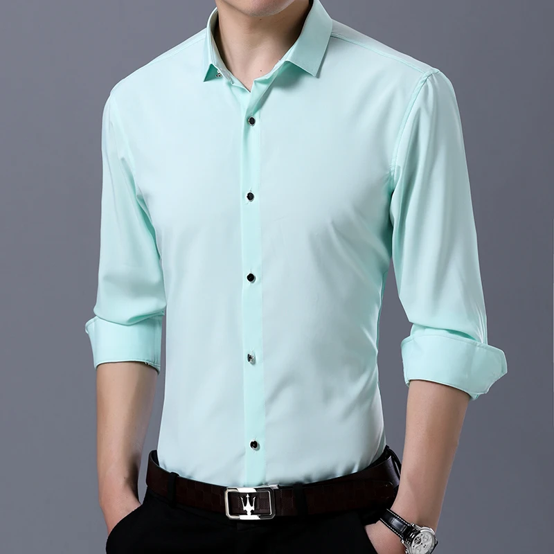 Новые модные однотонные Для мужчин рубашка Демисезонный Повседневное Slim Fit рубашки Для мужчин Лидер продаж Корейская эластичная рубашка с длинными рукавами Для мужчин