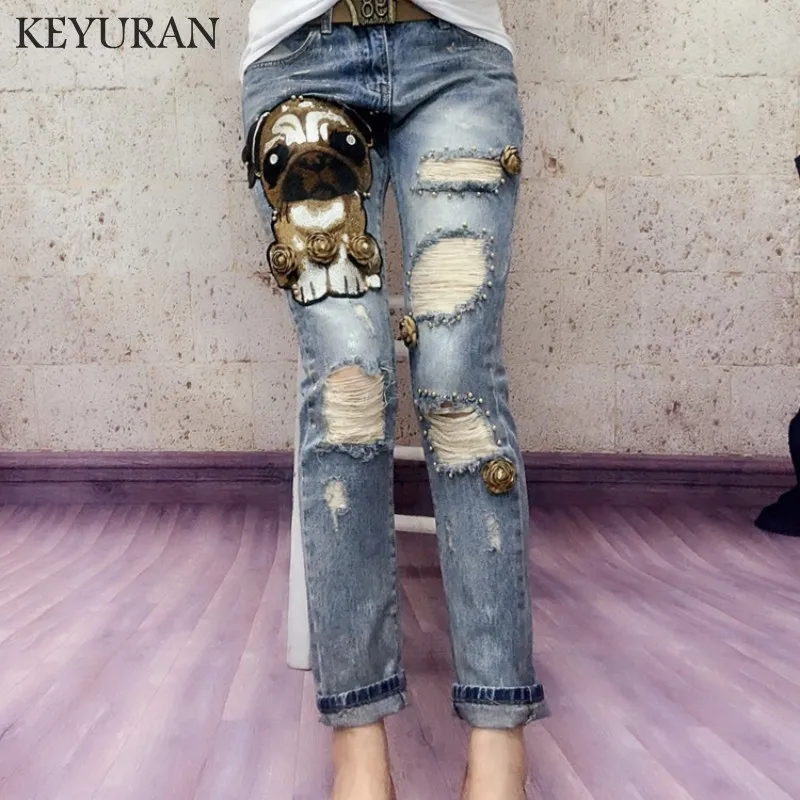 Embroidery Dog Beading Jeans Women 2018 Autumn Skinny Vintage Hole