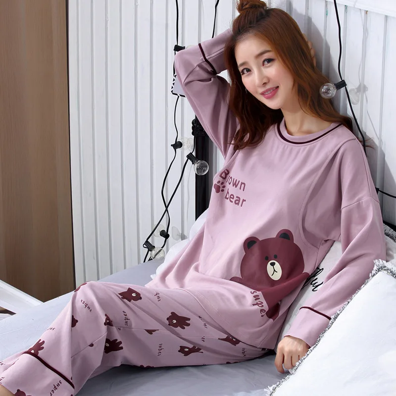

100% Cotton Pregnant Women Pajamas CottonLong-Sleeved Clothing Maternity Feeding Postpartum Breastfeeding Nursing Pyjamas Home