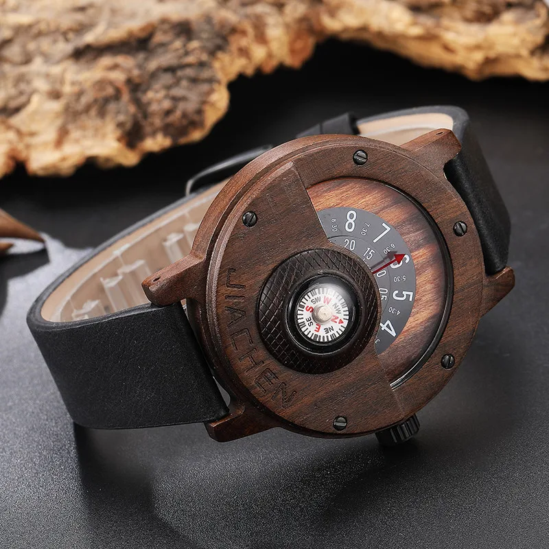 Уникальный компас поворотный стол номер дизайн для мужчин s деревянные часы для мужчин коричневый деревянный, кожаный ремешок креативные наручные часы из натурального дерева Relogio