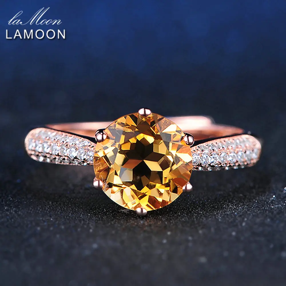 LAMOON Luxury Pave Setting 8mm 2ct Citrine 925 Sterling Silver Jewelry Wedding Ring with Rose Gold