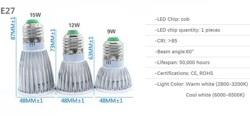 E27 E14 GU10 MR16 GU5.3 cob-светодиоды с регулируемой яркостью Spotlight светильник ампулы лампы Pure/холодный Whte/теплый белый 9 W 12 W 15 W