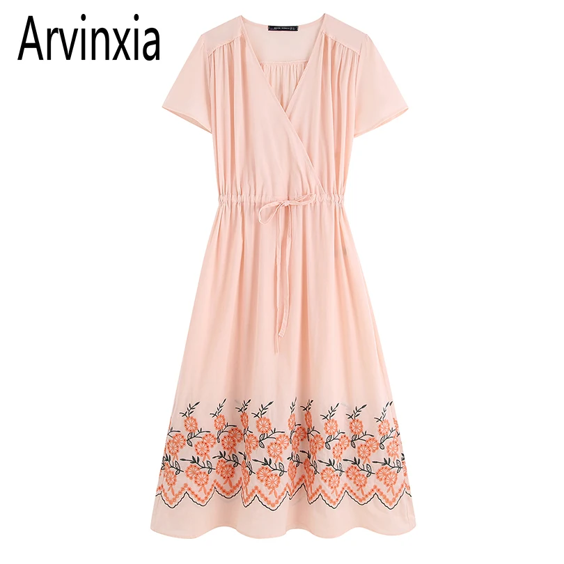 

Arvinxia ZA Sexy Solid Floral Embroidery Woman Dress New Boho Style Woman Beach Dresses Vintage Bow Tie Deep V Neck Lady Vestido