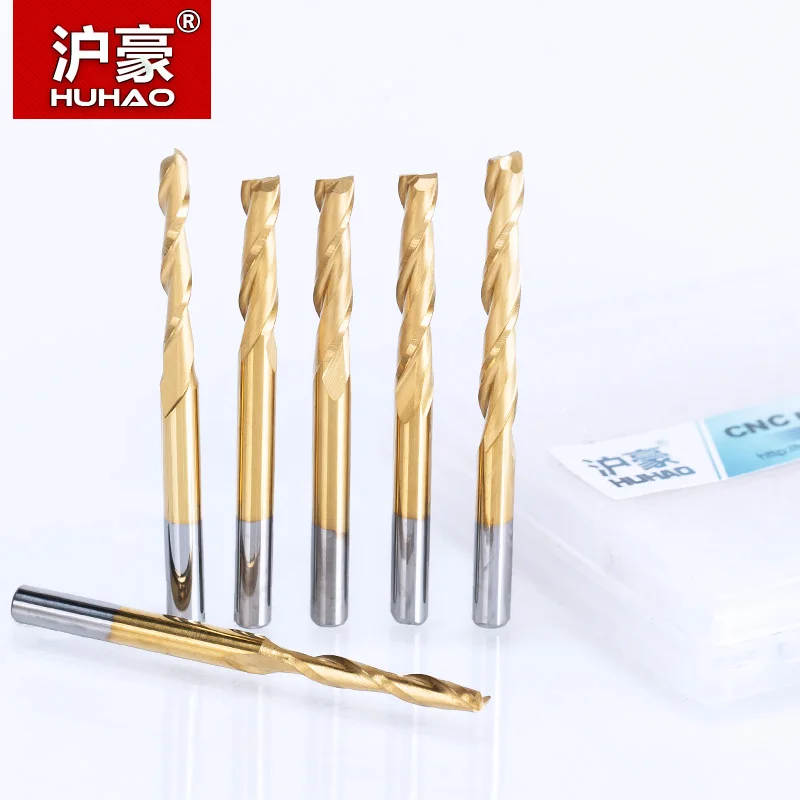 HUHAO 5pc/lot 3.175mm Titanium Coating 2 Flute Spiral router bit for wood CNC tool End Mill Tungsten Carbide PCB Milling Cutter