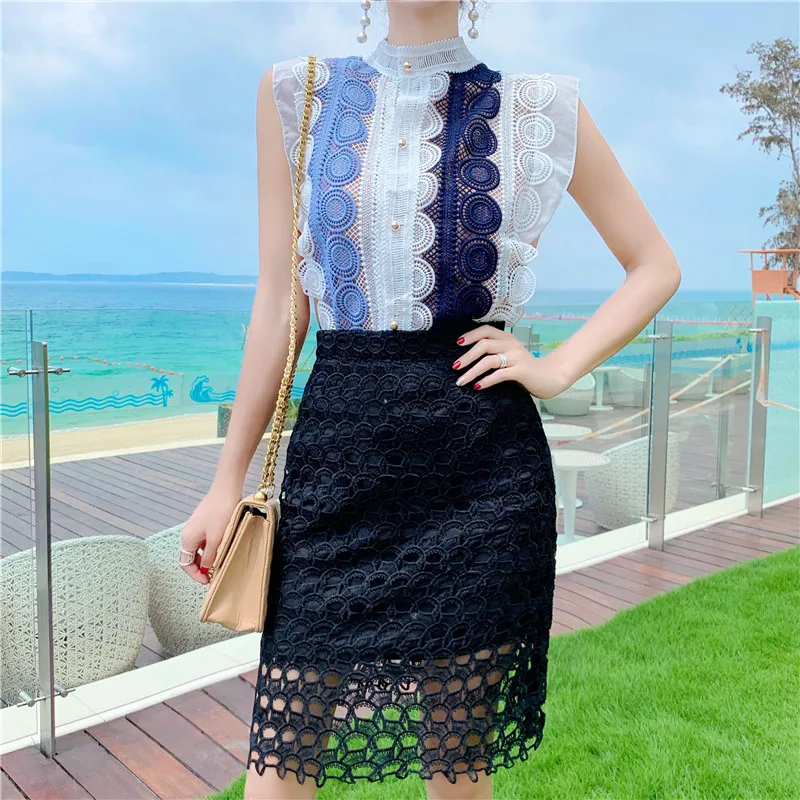 

HANZANGL Real Shot 2019 Summer New Water-soluble Lace Sleeveless Striped Shirt High Waist Hollow Half Skirt Three-piece Suit