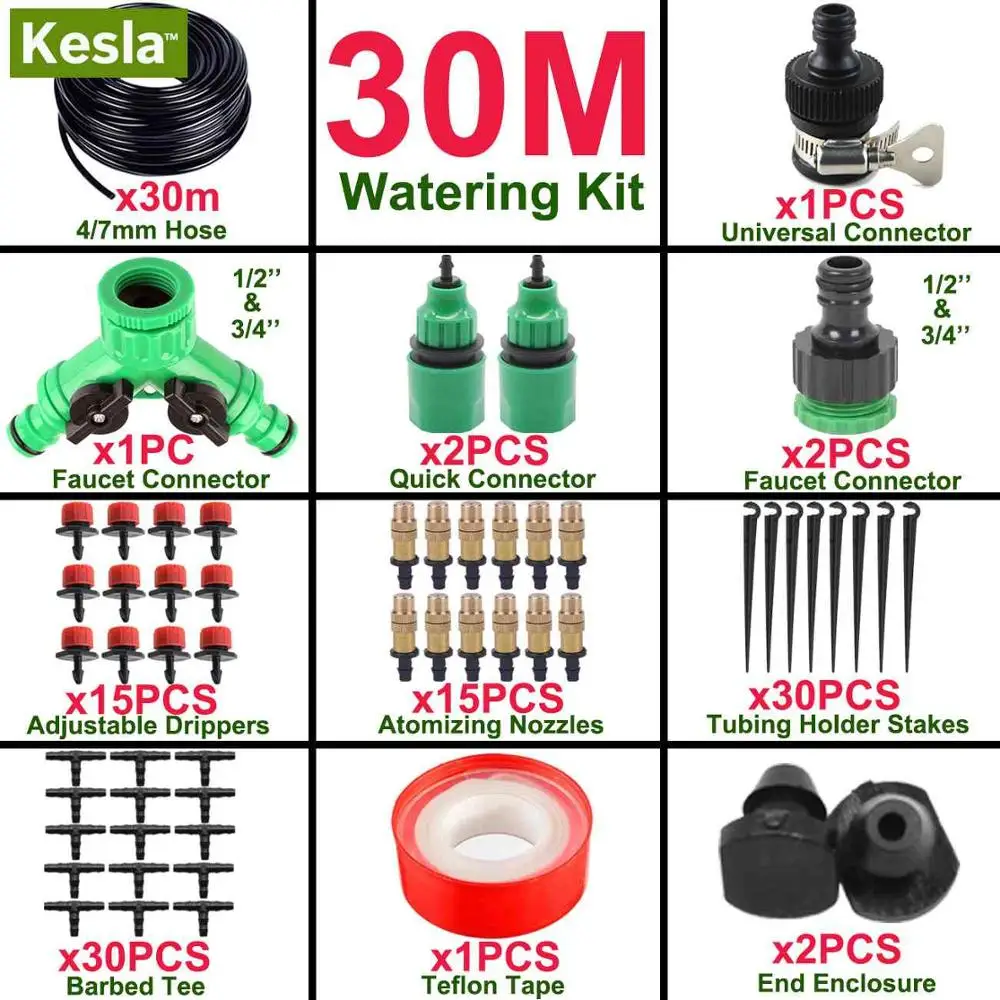 KESLA 5 м-30 м Сад капельного орошения системы полива наборы w/1/4 ''шланг запотевания спринклер капельница распылитель теплицы горшок растения - Цвет: KSL01-005-30M