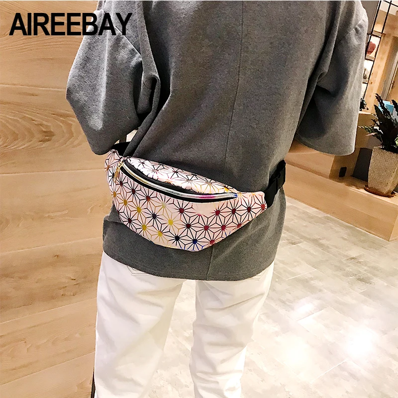 AIREEBAY الثلاثية الأبعاد حزمة مراوح النساء ليزر فضي محفظة تربط حول الخصر السفر الوردي الخصر حزمة الورك حقيبة الأزياء أسود الهولوغرام فتاة حزام ...