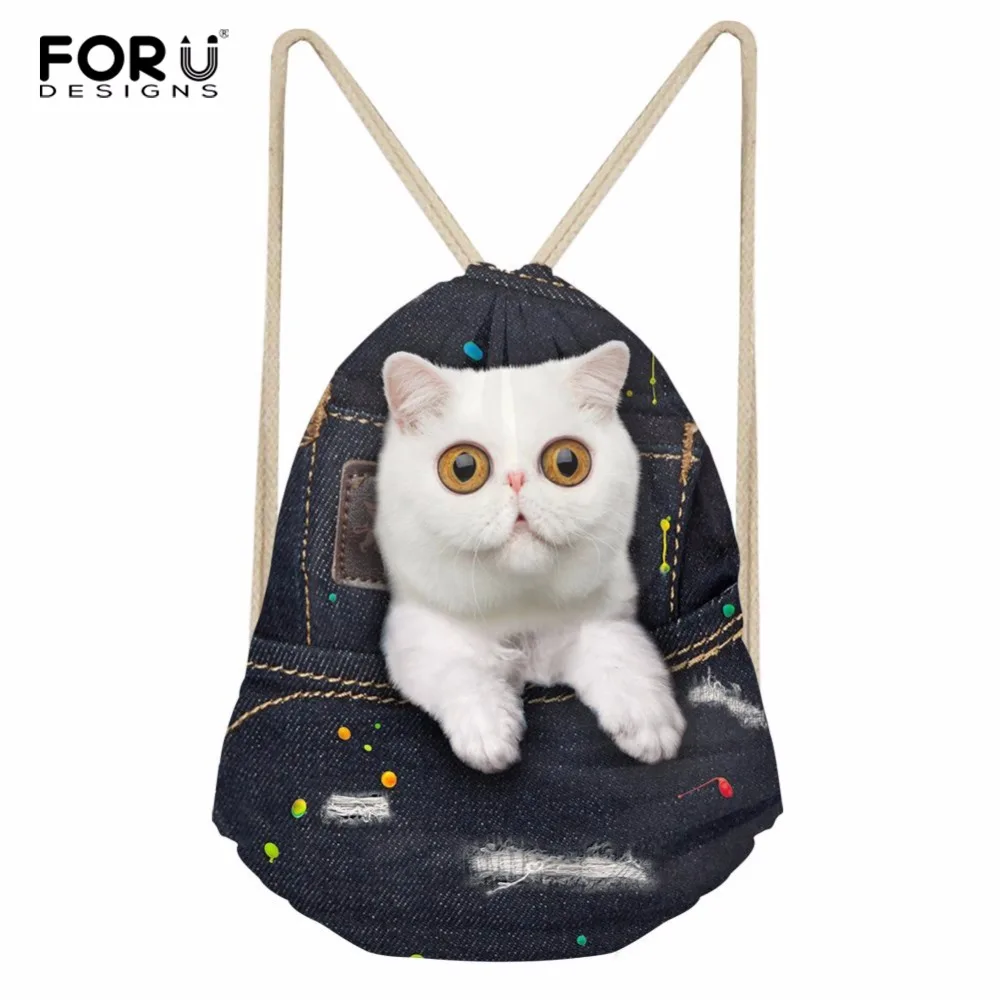 Forudesigns/Denim Cat Обувь для девочек drawstring сумка softback хранения Рюкзаки Пляжная сумка большой строки рюкзак студент школьная сумка