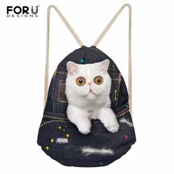 

FORUDESIGNS Denim Cat Girls Drawstring bag Fashion Softback Storage Backpacks Beach Bag Large String Backpack Student School Bag