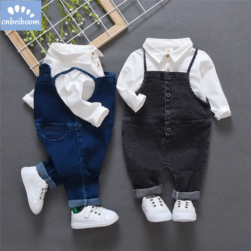 2019 Toddler Baby Boy white T- shirt + jean overalls pants Clothing Sets Clothes Suit 2PCS Children's Infant  Leisure clothes