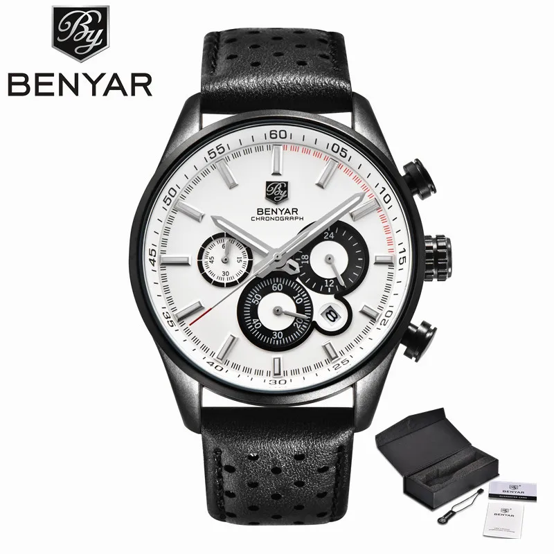 BENYAR мужские часы лучший бренд класса люкс кварцевые часы водонепроницаемые кожаные мужские наручные часы Relogio Masculino мужские часы relojes - Цвет: Белый