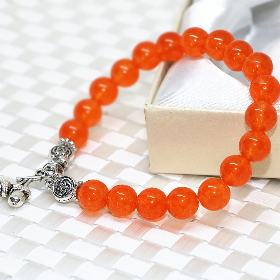 

8mm orange chalcedony natural stone jades beaded bracelets original women girl Tibet silver-color pendant jewelry 7.5inch B2048