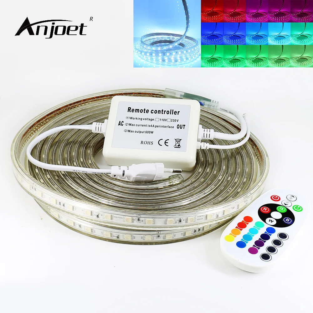 

ANJOET IR remote control RGB led strip 60leds / m Waterproof led light SMD5050 + AC220V Power Plug Colorful decoration