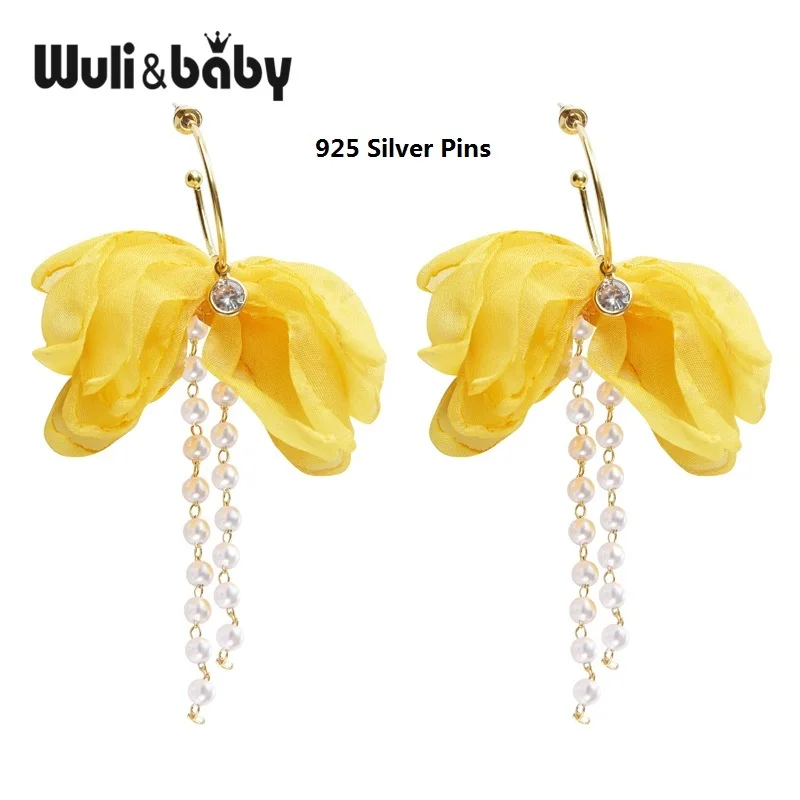 Wuli& baby, тканевые висячие серьги в виде цветка для женщин, розовые, белые, желтые газовые новые серьги в виде цветка