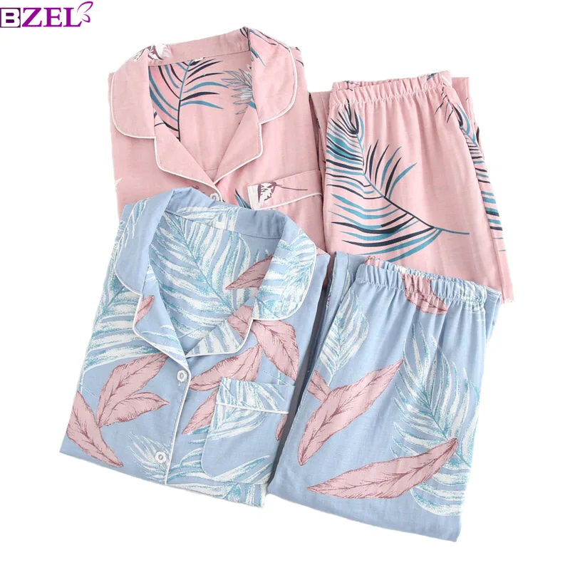 Goedkoop Lente En Zomer vrouwen Bladeren Gedrukt 100% Gaas Katoen Dames Lange Mouwen Thuis Sets Pijamas Set Dunne Nachtkleding Nachtkleding