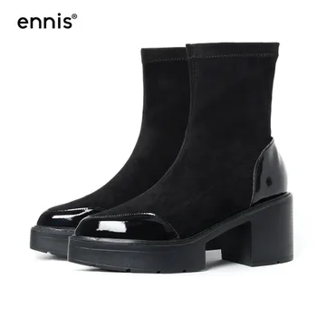 

ENNIS 2019 Autumn Platform Women Boots Pointed Toe Patent Leather Ankle Boots Square High Heel Stretch Boots Fashion Shoes A9111
